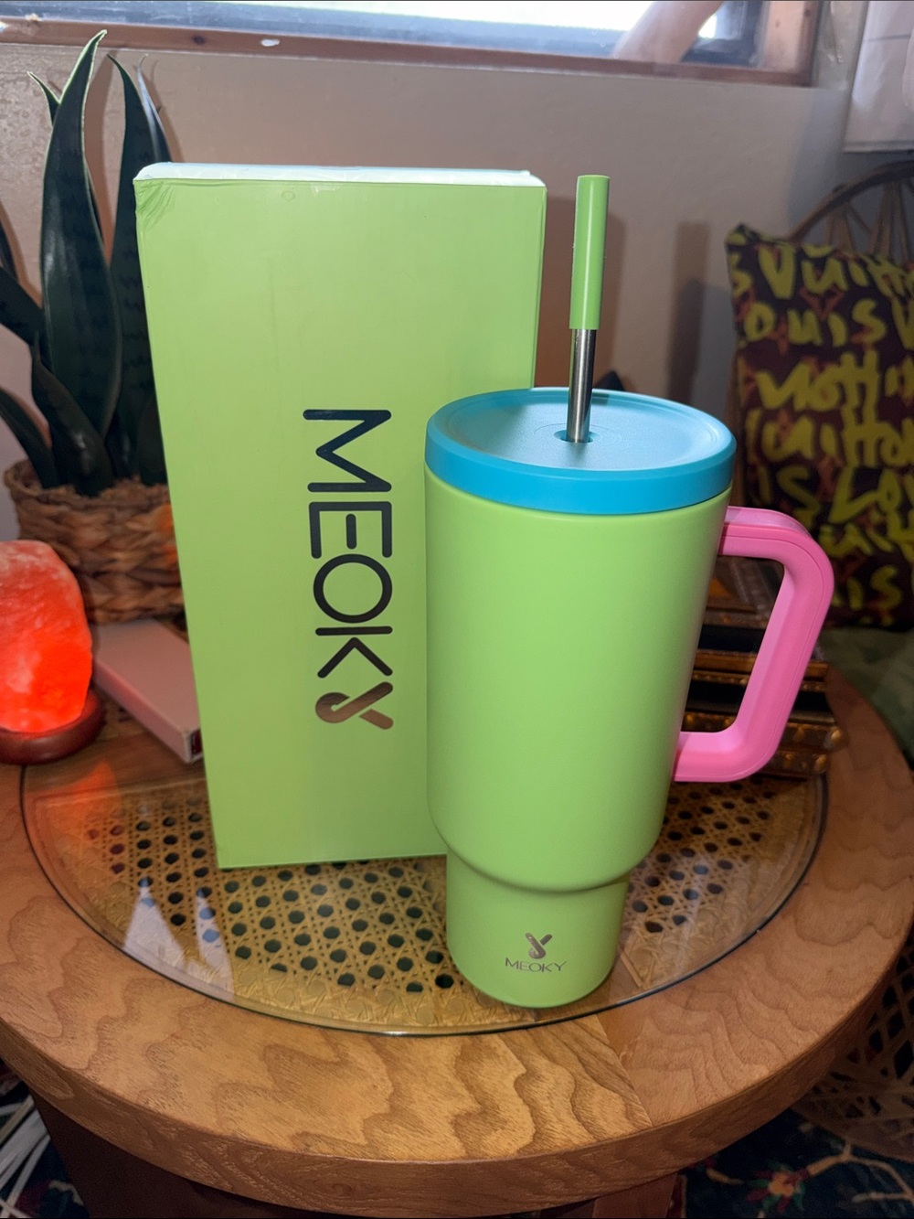 Lime Green Travel Tumbler with Pink Handle and Blue Lid